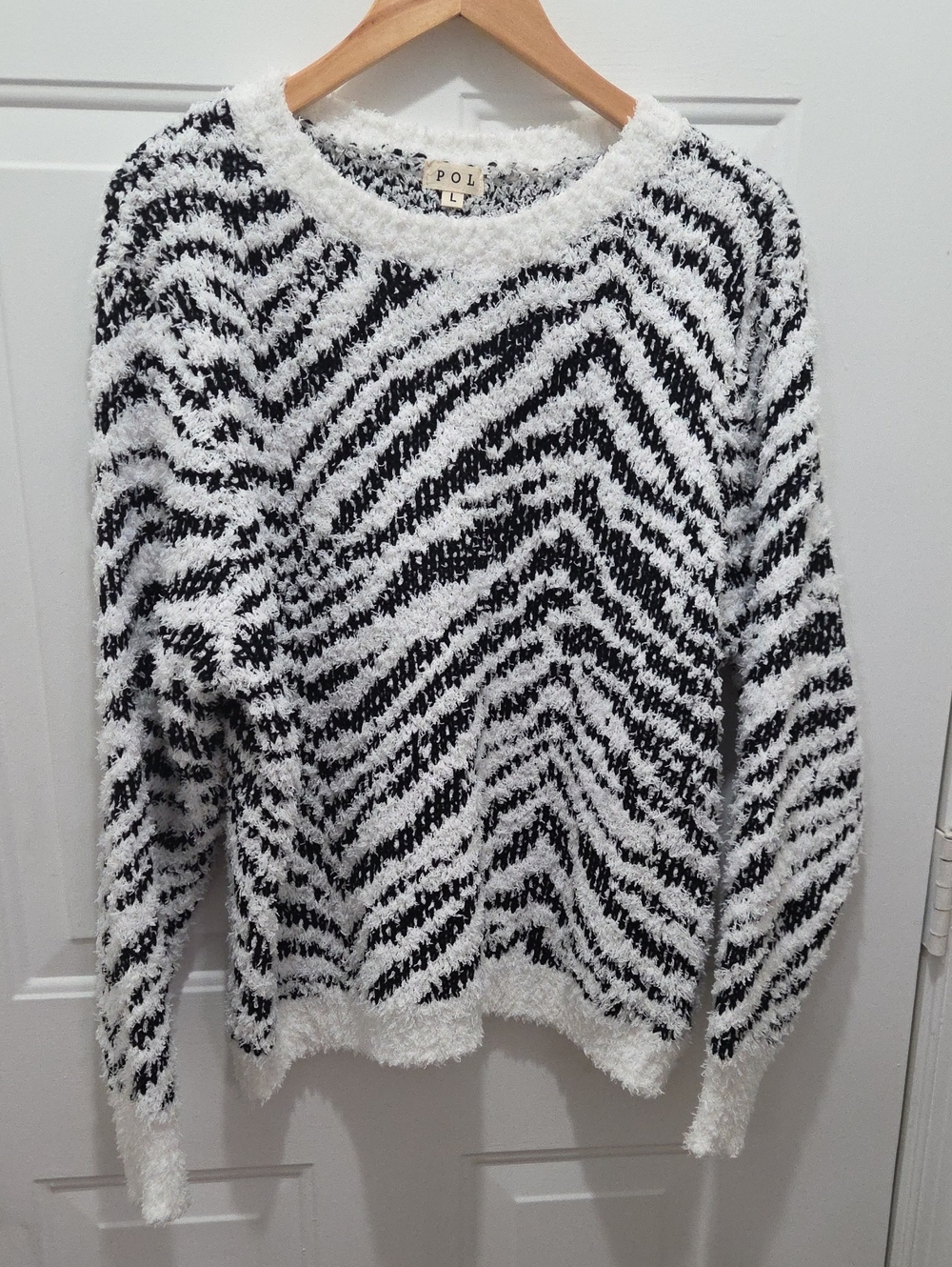 POL Black & White Fuzzy Striped Crewneck Sweater